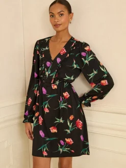 Imprimé tulipes Noir - Love & Roses Robe Courte Col en V