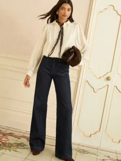 ivoire - Love & Roses chemise à manches longues boutonnée avec bordure en dentelle