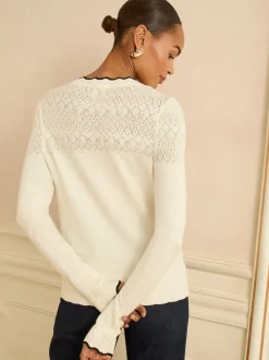 Ivoire et noir festonné - Cardigan Love & Roses en maille