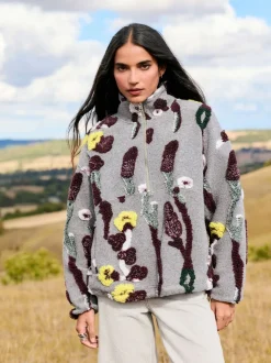 Jacquard gris fleuri - Sweat-shirt polaire à col zippé Borg fleuri