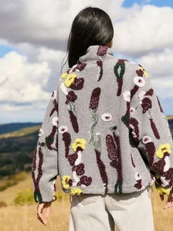 Jacquard gris fleuri - Sweat-shirt polaire à col zippé Borg fleuri