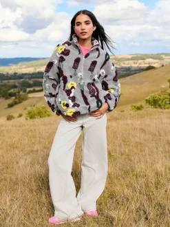 Jacquard gris fleuri - Sweat-shirt polaire à col zippé Borg fleuri