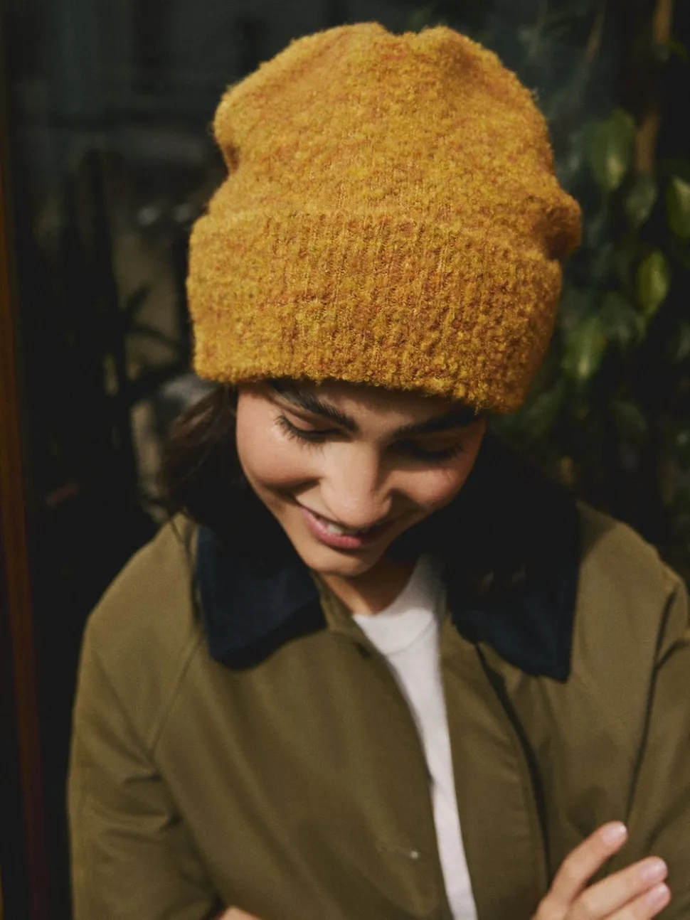 Jaune - Bonnet en maille bouclée