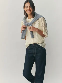 Jaune citron - Chemisier à manches mi-longues en dentelle