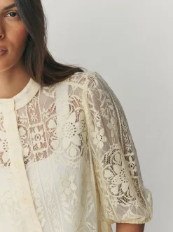 Jaune citron - Chemisier à manches mi-longues en dentelle