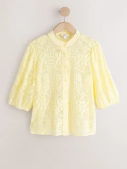 Jaune citron - Chemisier à manches mi-longues en dentelle