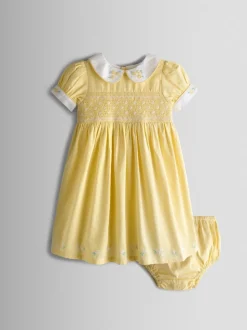 Jaune clair - Robe de fête JoJo Maman Bébé Bud Fleurie Brodé à col smocké