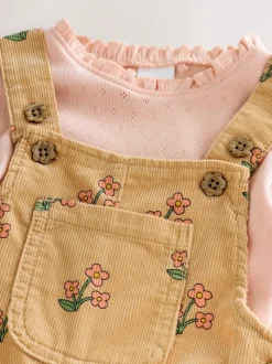 jaune ocre - Ensemble salopettes et T-shirt en velours côtelé fleuri (3mois-7ans)
