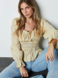 jaune vichy - Haut Milkmaid à manches longues froncé