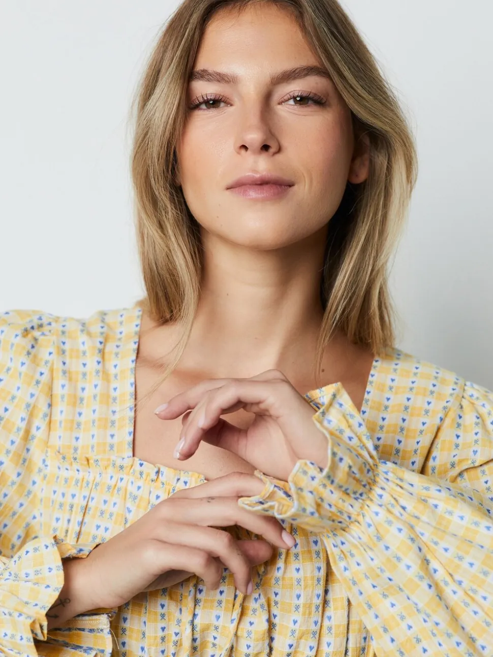 jaune vichy - Haut Milkmaid à manches longues froncé