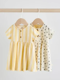Jaune/Crème Pois/Rayure - Lot de 2 robes à manches courtes pour bébé (0mois à3ans)