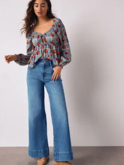 Jean bleu moyen - Jean extensible Ample taille haute