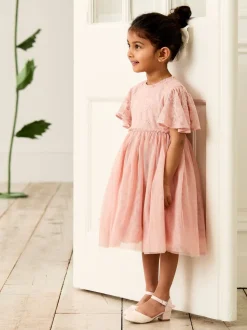 Jojo Maman Bébé Dentelle brodée Manches festonnées Fleur Imprimé Filles Robe