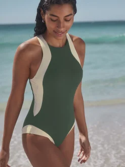 Kaki/crème - Maillot de bain dos nu à col montant pour le contrôle du ventre