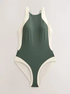 Kaki/crème - Maillot de bain dos nu à col montant pour le contrôle du ventre