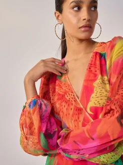 Kew Collection Fleuri vif - Robe mi-longue enveloppante à manches longues Occasion