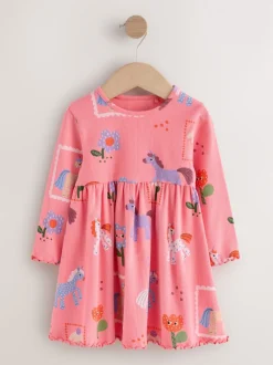 Licorne rose - Robe côtelée à manches longues (3mois-7ans)
