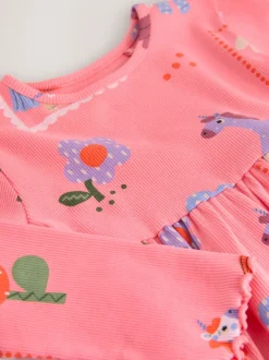 Licorne rose - Robe côtelée à manches longues (3mois-7ans)