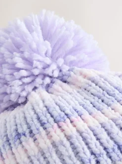 Lilas ton sur ton - Chapeau à pompons en maille chenille bébé (0mois-2ans)