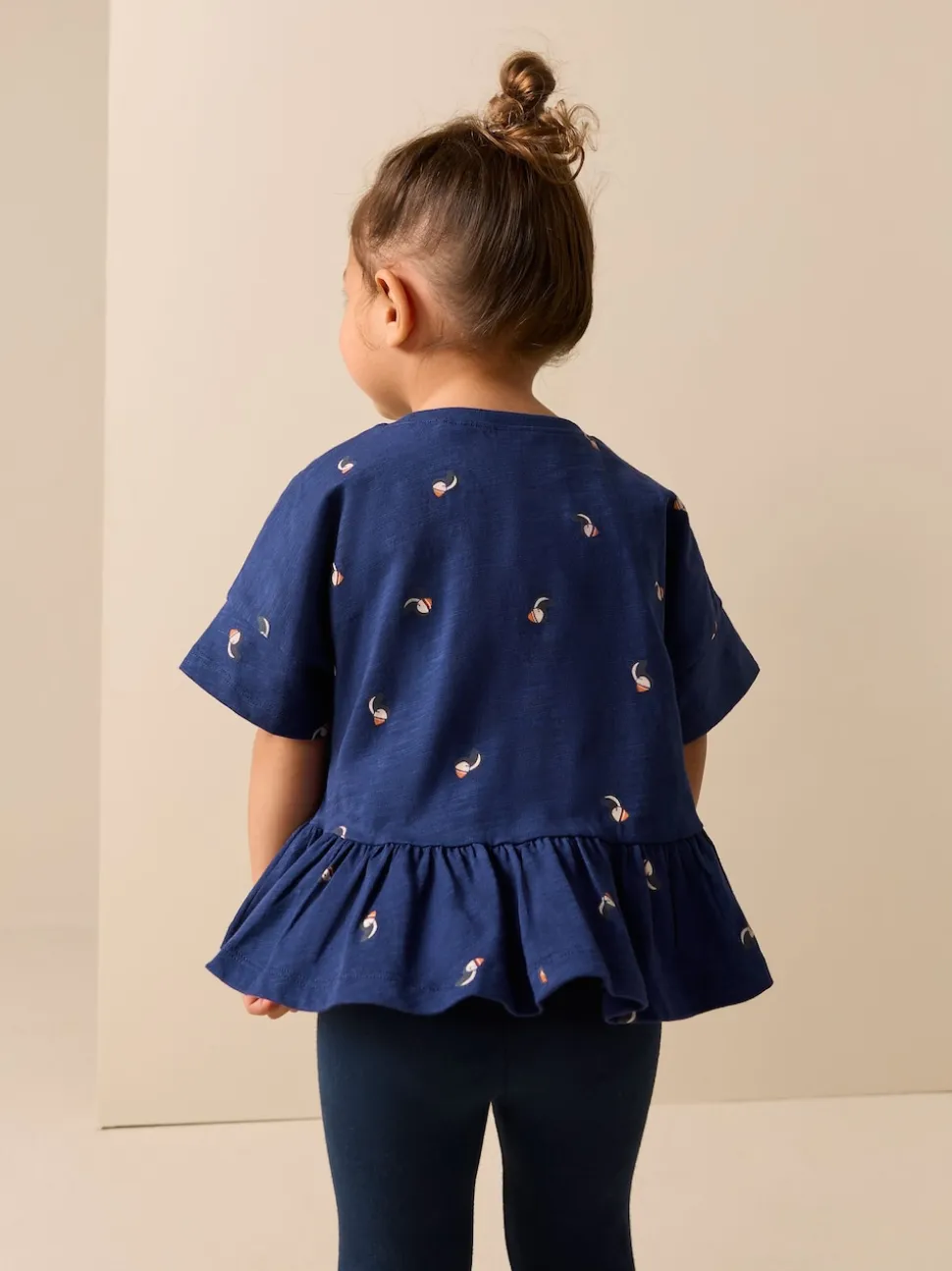 Macareux moine bleu marine - T-shirt péplum à manches courtes (3mois-7ans)