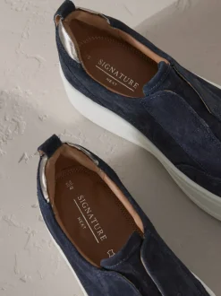 marine - Baskets Signature à plateforme compensée épaisse en cuir