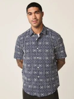 marine - Chemise Tile texturée brodée à manches courtes