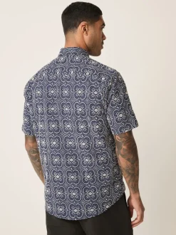 marine - Chemise Tile texturée brodée à manches courtes