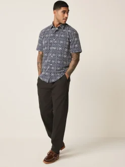 marine - Chemise Tile texturée brodée à manches courtes