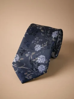 marine - Cravate en soie italienne à imprimé fleuri