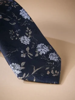 marine - Cravate en soie italienne à imprimé fleuri