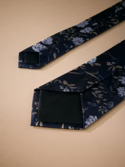 marine - Cravate en soie italienne à imprimé fleuri