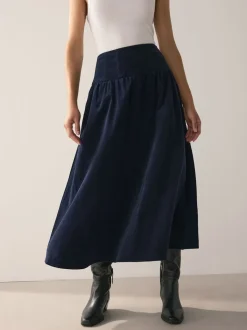 marine - Jupe mi-longue en velours côtelé à taille basse