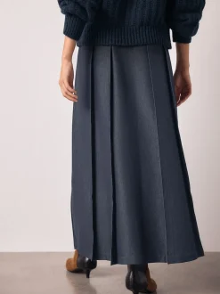 marine - Kilt mi-long en denim ceinturé