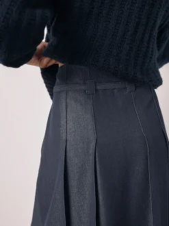 marine - Kilt mi-long en denim ceinturé