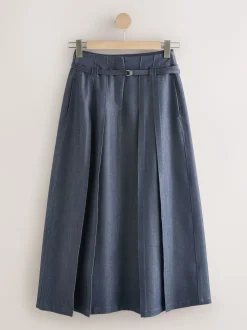 marine - Kilt mi-long en denim ceinturé