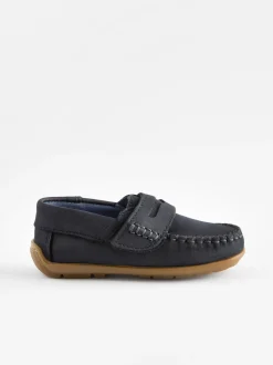 marine - Mocassins penny en cuir avec fermeture tactile et rapprochée