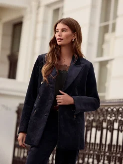 marine - N. Blazer croisé en velours côtelé haut de gamme