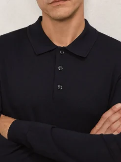 marine - Polo Reiss Trafford en laine mérinos à manches longues