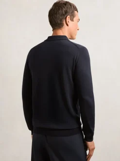 marine - Polo Reiss Trafford en laine mérinos à manches longues