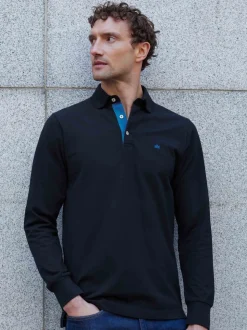 marine - The Savile Row Company Polo classique à manches longues en coton piqué