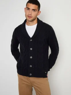 marine - Threadbare Cable Knit Shawl Collar Cardigan With Wool
