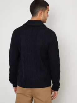 marine - Threadbare Cable Knit Shawl Collar Cardigan With Wool