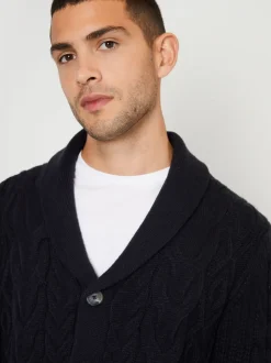 marine - Threadbare Cable Knit Shawl Collar Cardigan With Wool