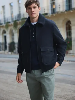 marine - Veste en sergé de laine mélangée à col en peau lainée