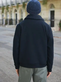 marine - Veste en sergé de laine mélangée à col en peau lainée