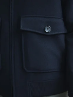 marine - Veste en sergé de laine mélangée à col en peau lainée