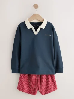 Marine/Bourgogne - Ensemble haut style rugby et short tissé (6-16ans)