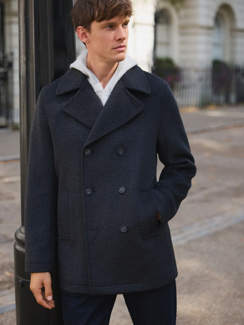 Marine/Charbon - Manteau riche en laine et doux au toucher à dents de chien