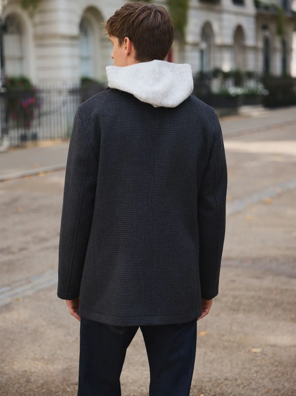 Marine/Charbon - Manteau riche en laine et doux au toucher à dents de chien