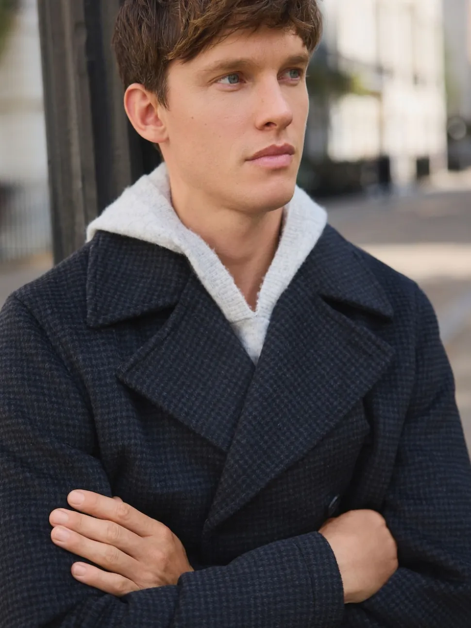 Marine/Charbon - Manteau riche en laine et doux au toucher à dents de chien